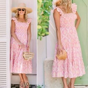 NWT Sail to Sable Palm Beach Lately Chinoiserie Print Smocked Midi Dress XXS